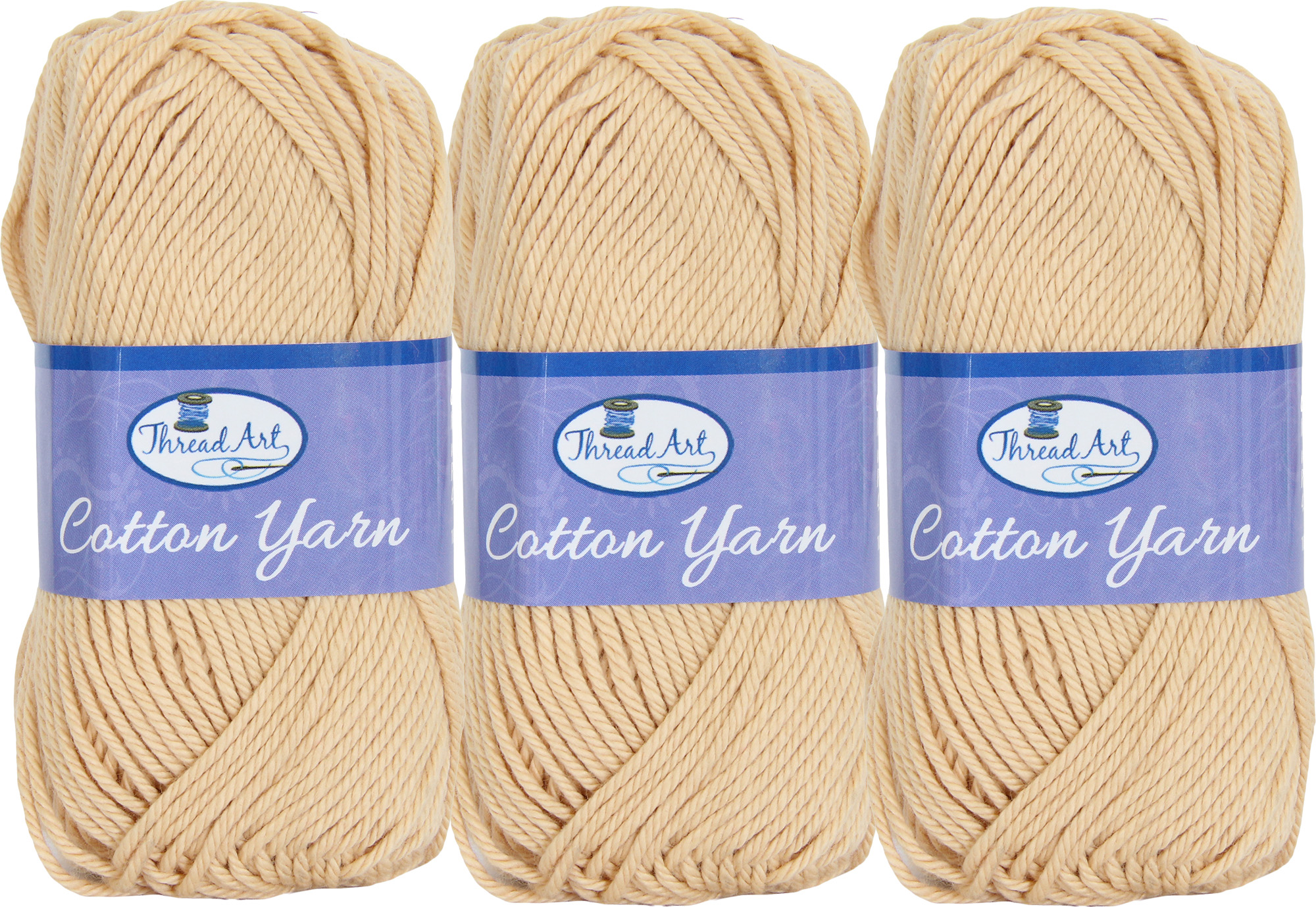 3 Pack of 100% Pure Cotton Crochet Yarn by Threadart | Lt. Beige | 50 gram  Skeins | Worsted Medium #4 Yarn | 85 yds per Skein - 30 Colors Available